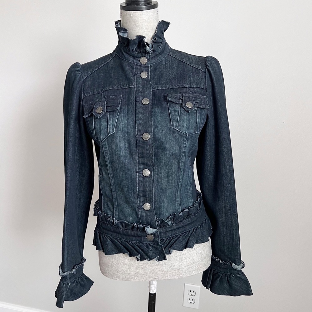 Inc International Concepts Ruffle Trim Denim Jean Jacket Dark Wash Small